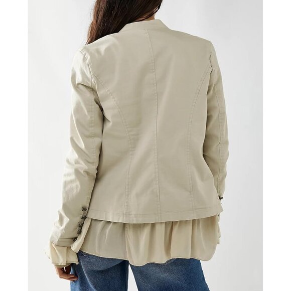 Women’s Beige Casual Ruffle Steampunk Blazer High Low Hem Cotton Jacket - Picture 3 of 7
